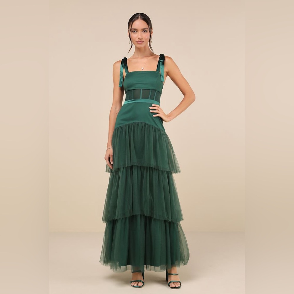 Lulus-Enticing Mystique Dark Green Tulle Tie-Strap Tiered Maxi Dress (Large)